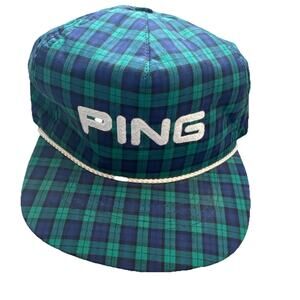Vintage Ping Hat Cap Adult Blue Green Tartan Plaid Adjustable Rope Golf Rare